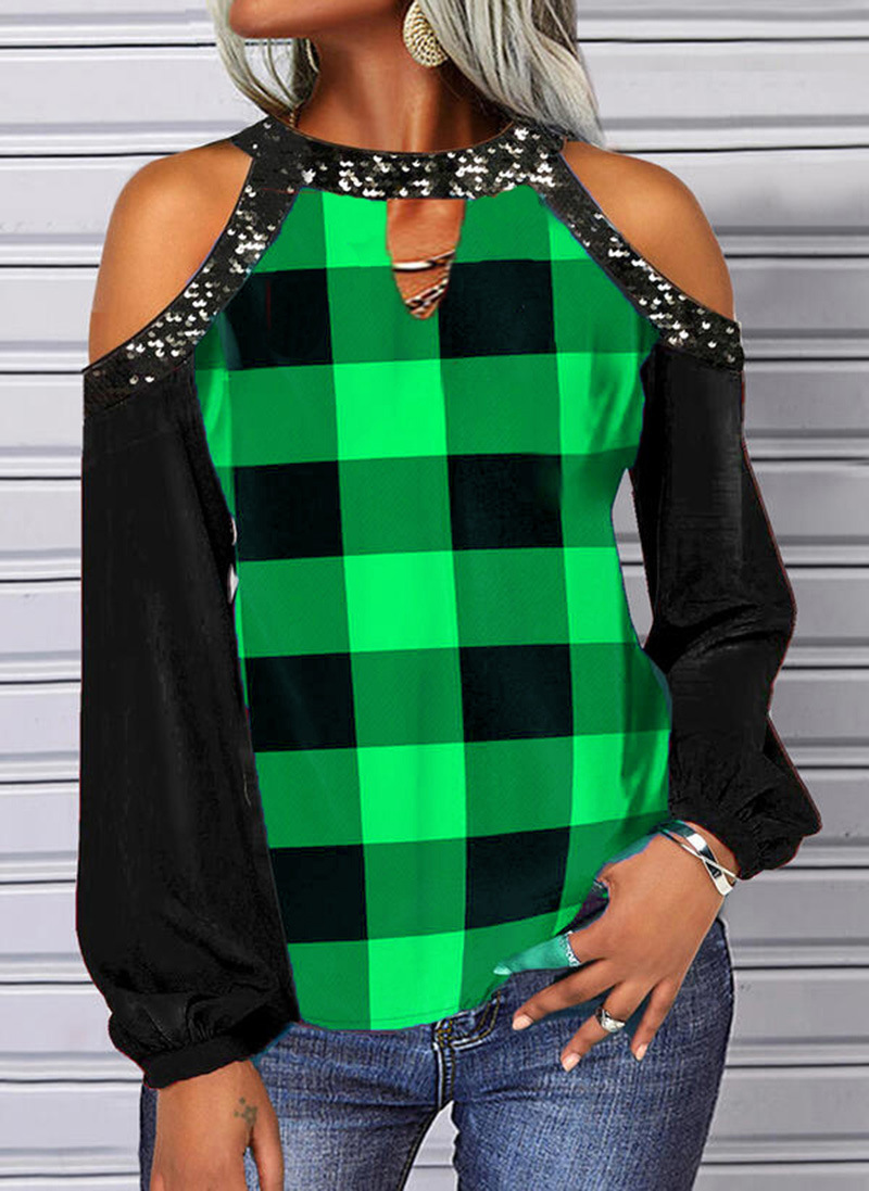 Women's Plaid Print Cold-Shoulder Long-Sleeve T-Shirt