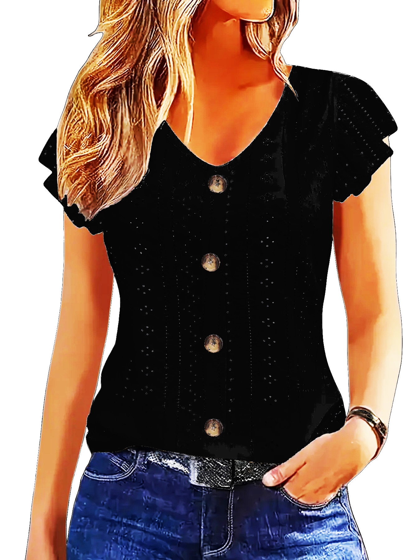 Women's Casual Solid Ruffle Sleeve V-Neck T-Shirt