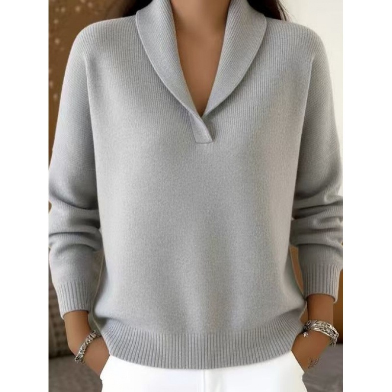 V-Neck Long Sleeve Knit Pullover Loose Solid Color Top