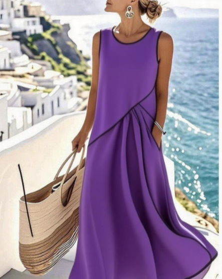 Women's Sleeveless Crew Neck Colorblock Knit Maxi Dress