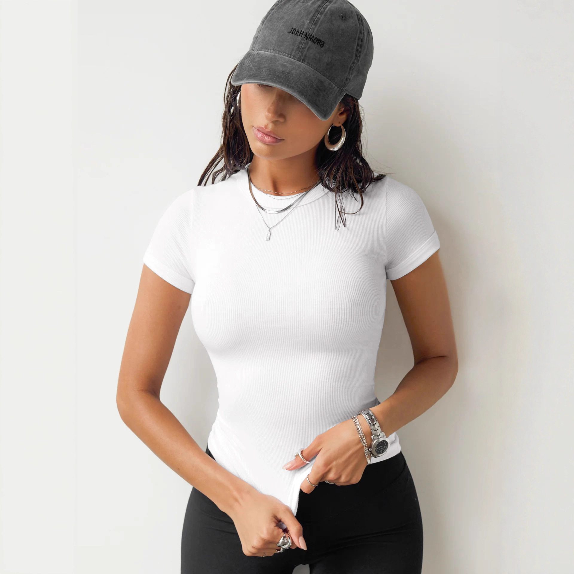 Women's Ribbed Slim Fit Short Sleeve Crew Neck T-Shirt Solid Color