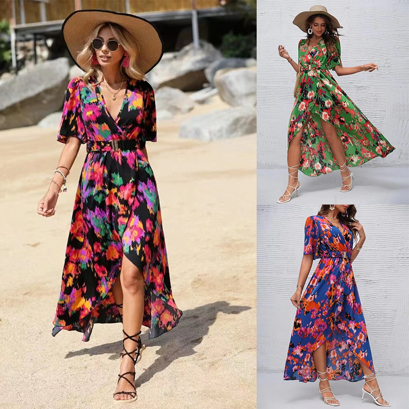 Women's Summer V-Neck Short Sleeve Irregular Hem Beach Dress