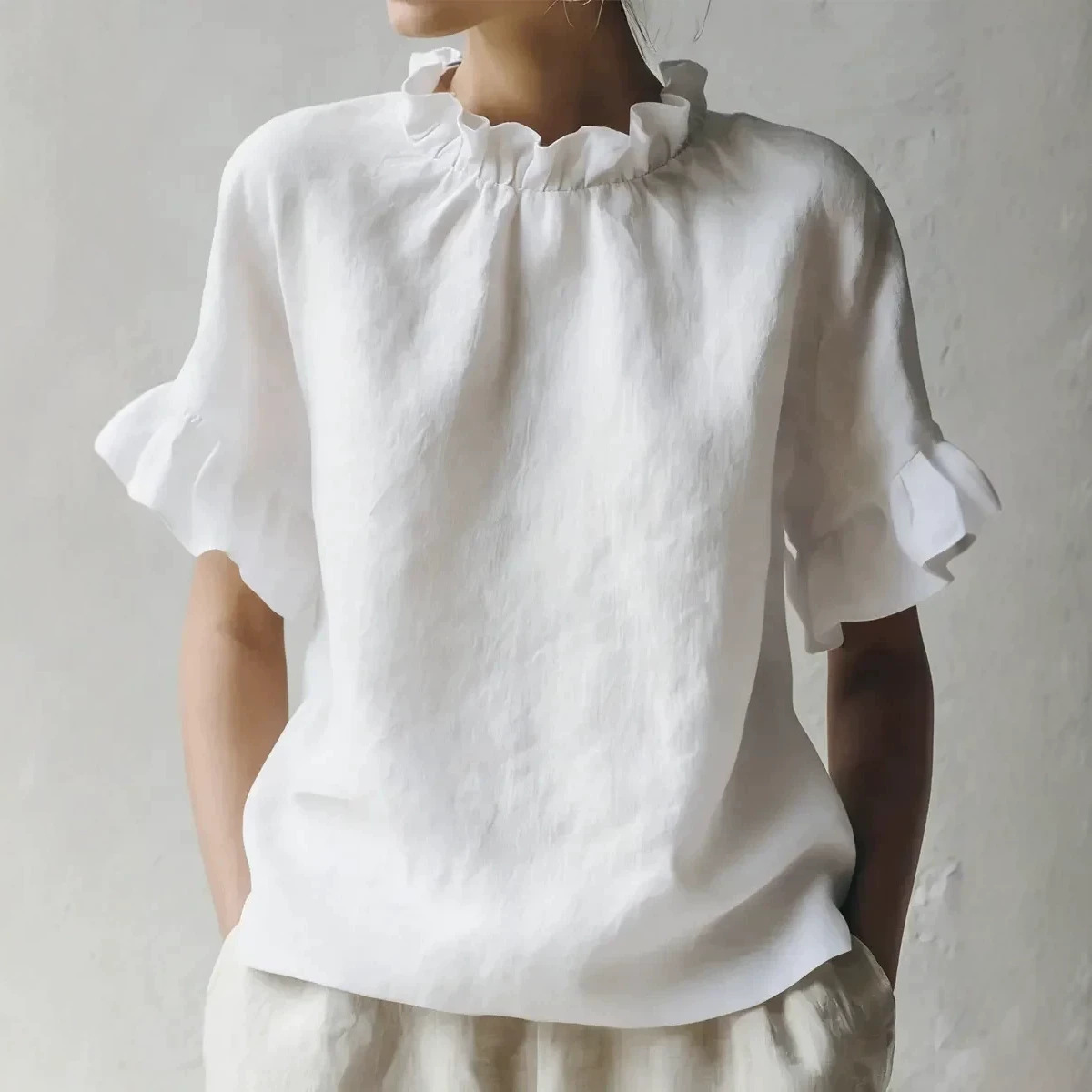 Women's Summer Solid Ruffle Short Sleeve Loose Casual Top