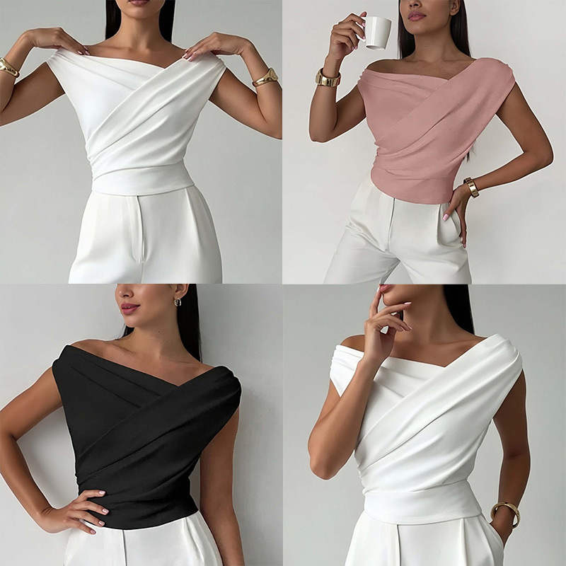 Women's Off-Shoulder Asymmetric Neck Sleeveless Top Short Sleeve Blouse