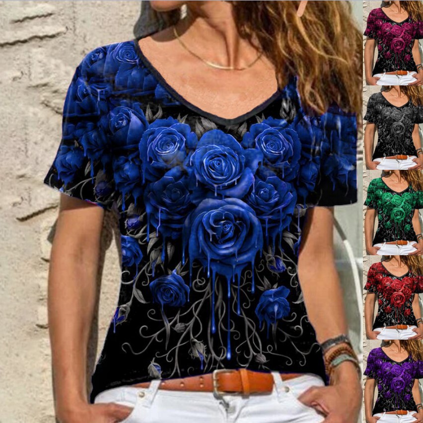 Women's Short Sleeve Rose Print T-Shirt Casual Round Neck Top