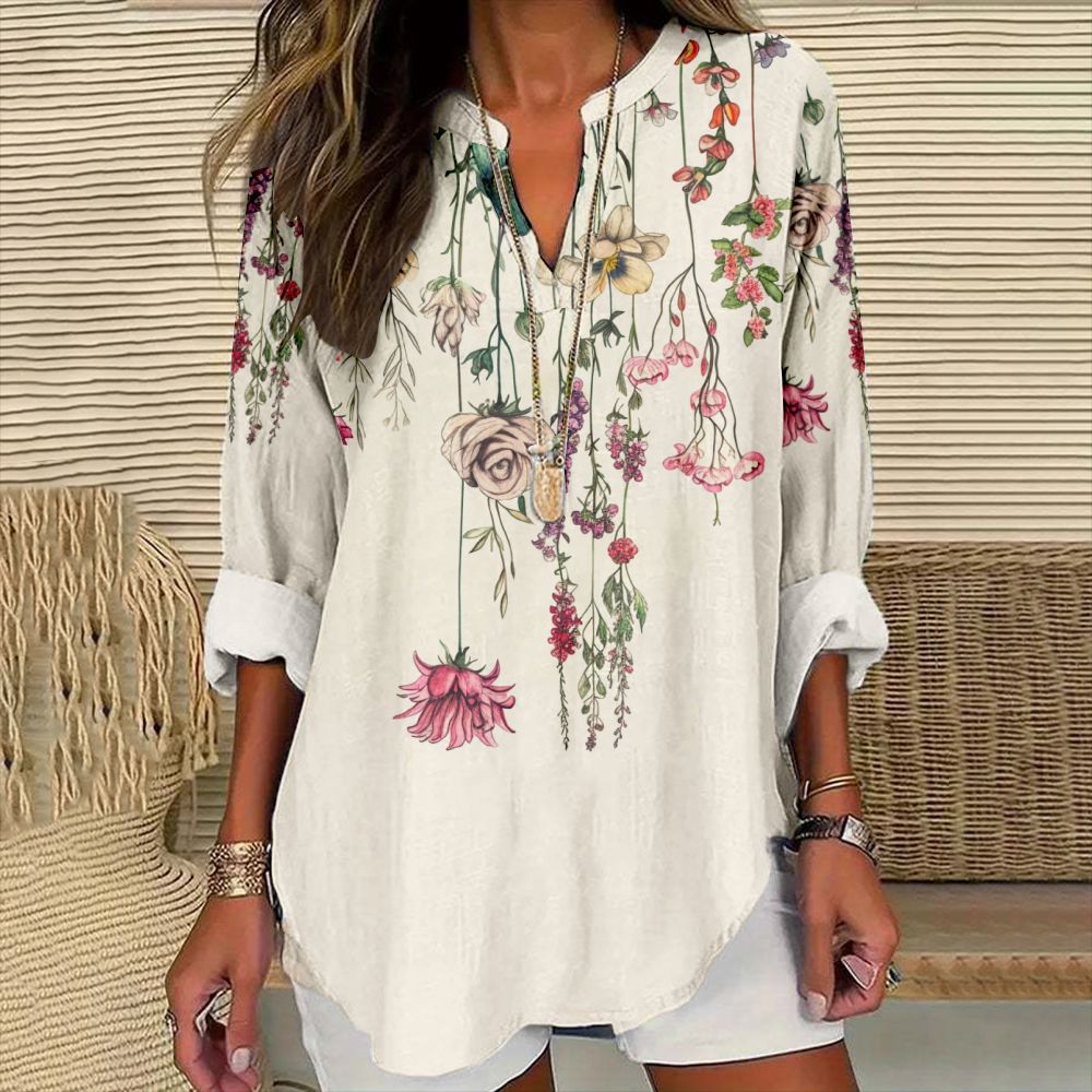 Floral Print V-Neck Long Sleeve T-Shirt for Women