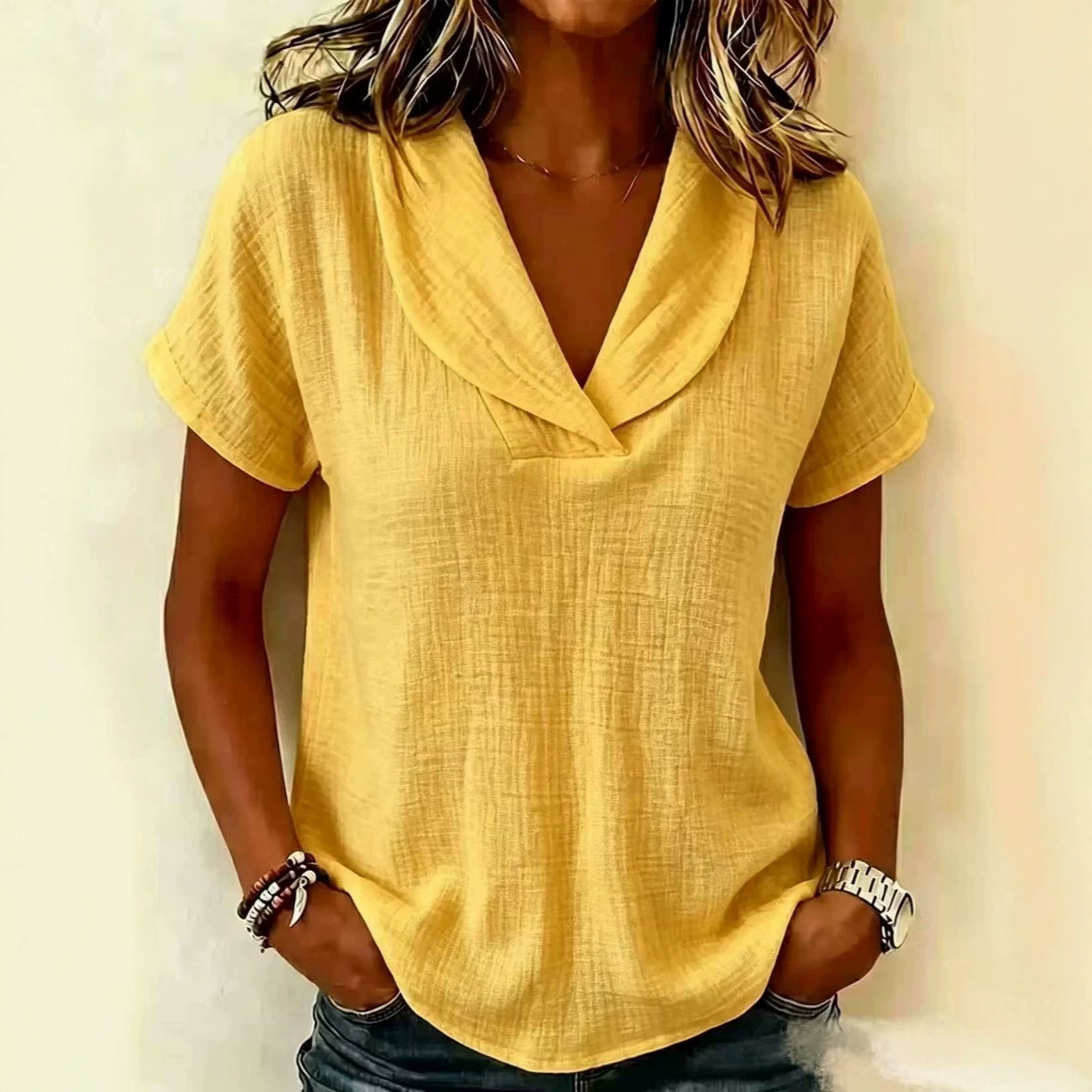 Women's Summer Knit Short Sleeve Top Linen Doll Collar Casual