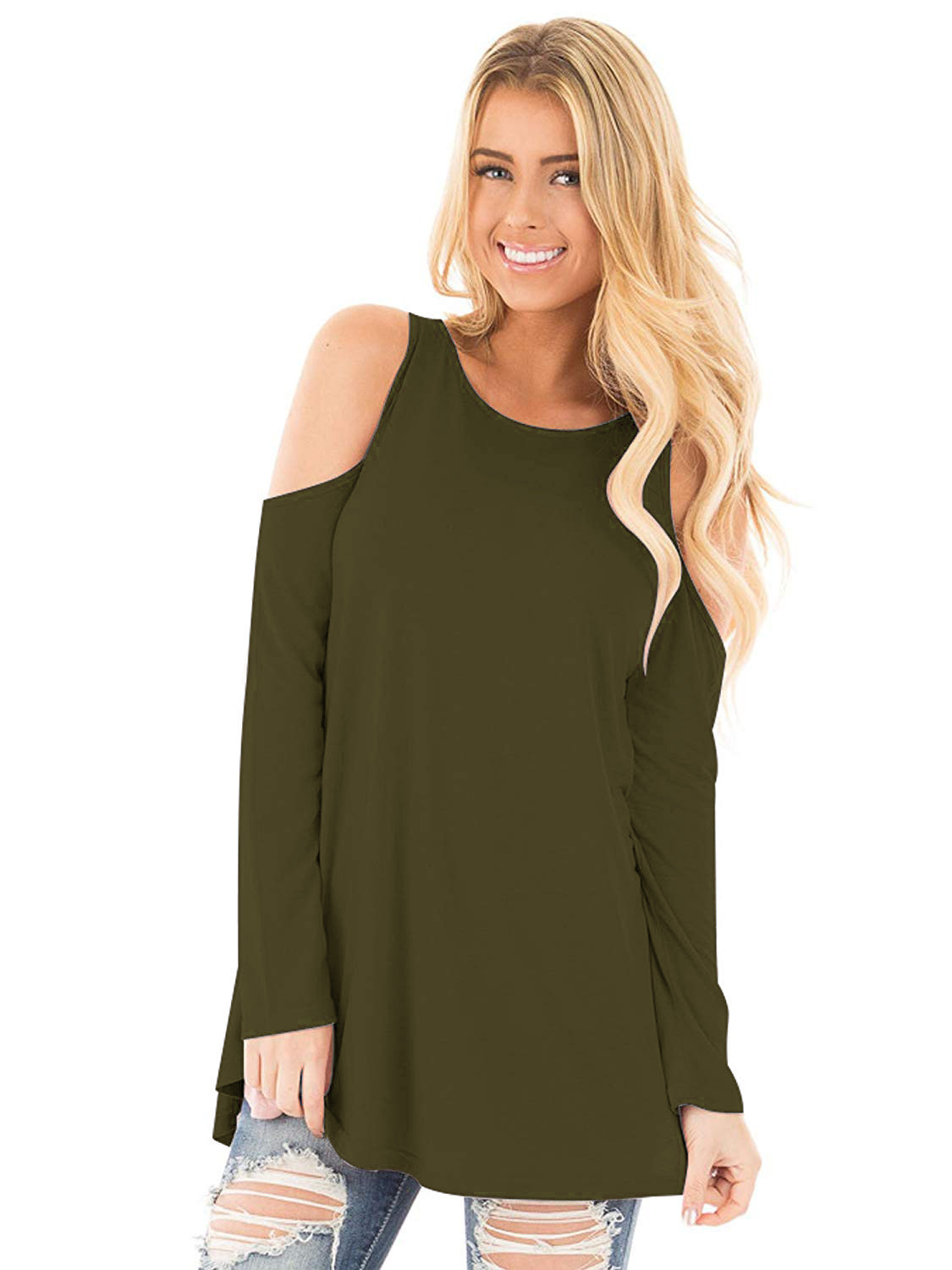 Women's Long Sleeve Off-Shoulder Round Neck T-Shirt