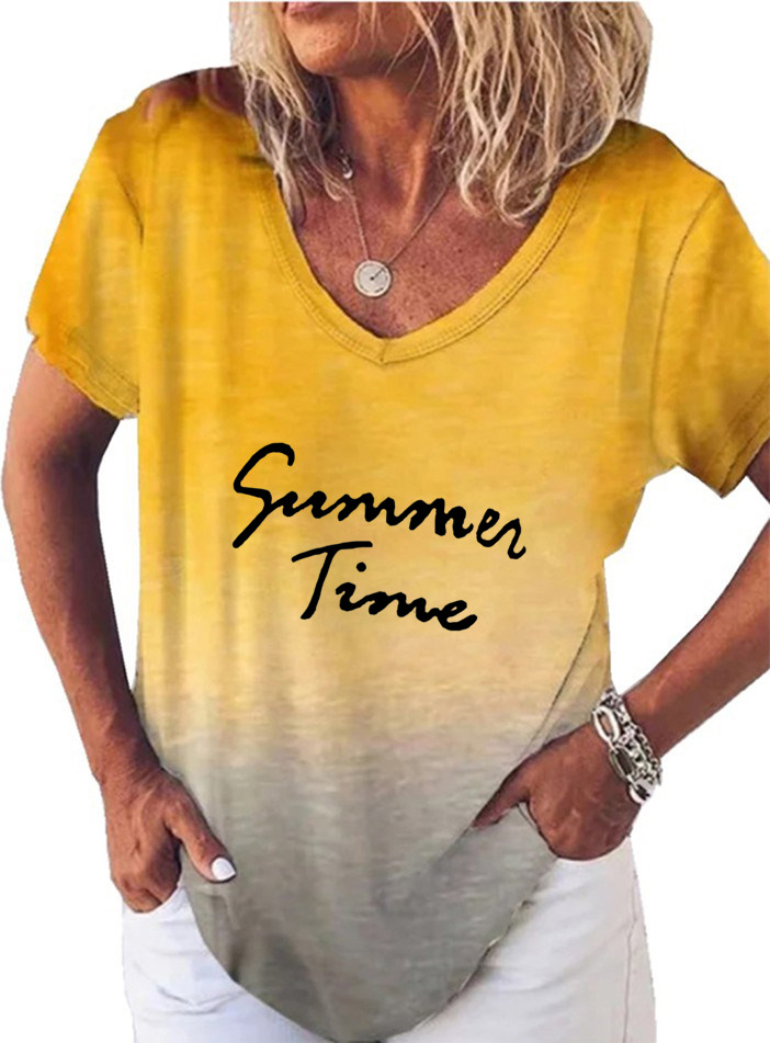 Gradient Print V-Neck Short Sleeve T-Shirt
