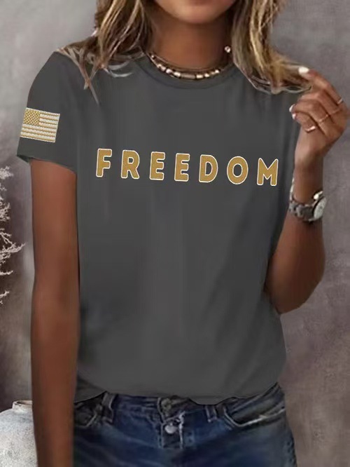 Freedom American Flag Print Crewneck Short Sleeve Women's Top