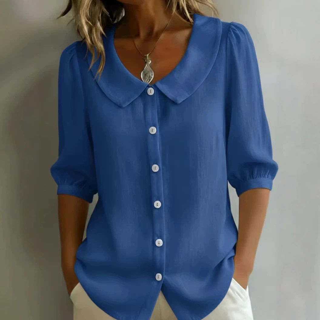 Women's Linen-Blend V-Neck Short-Sleeve Shirt Loose Casual Commuter Top
