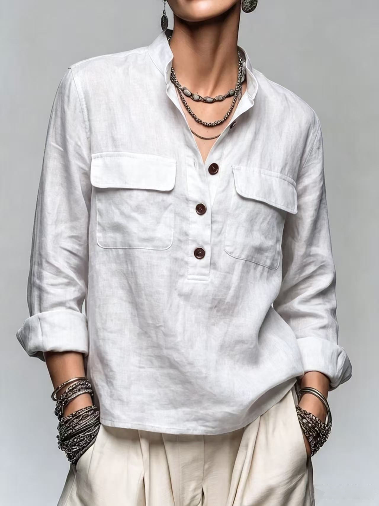 Women's Retro Stand Collar Button Pocket Loose Long Sleeve Pullover Shirt