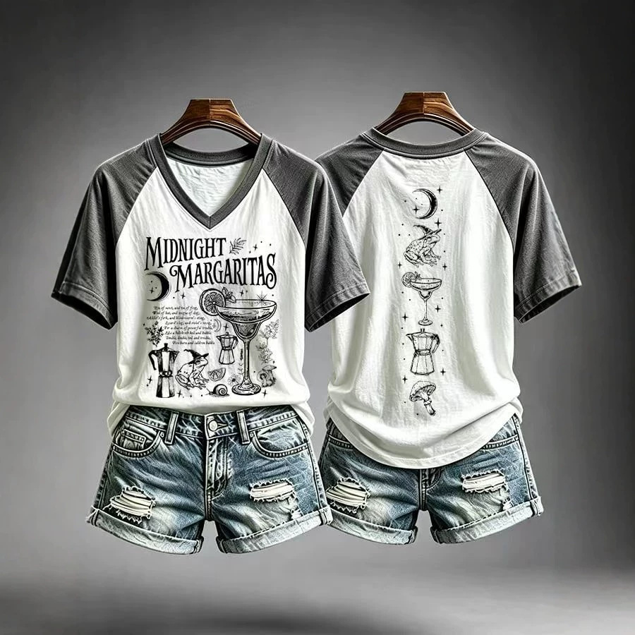 Fantasy Graphic Front and Back Print V-Neck T-Shirt