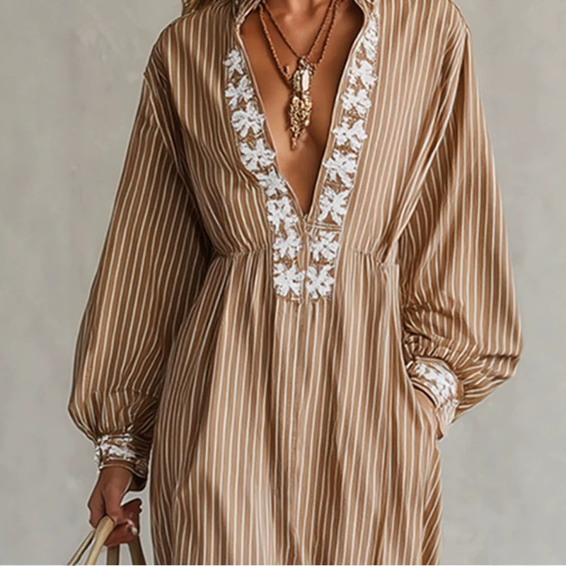 Boho Khaki Striped Long Sleeve Maxi Dress