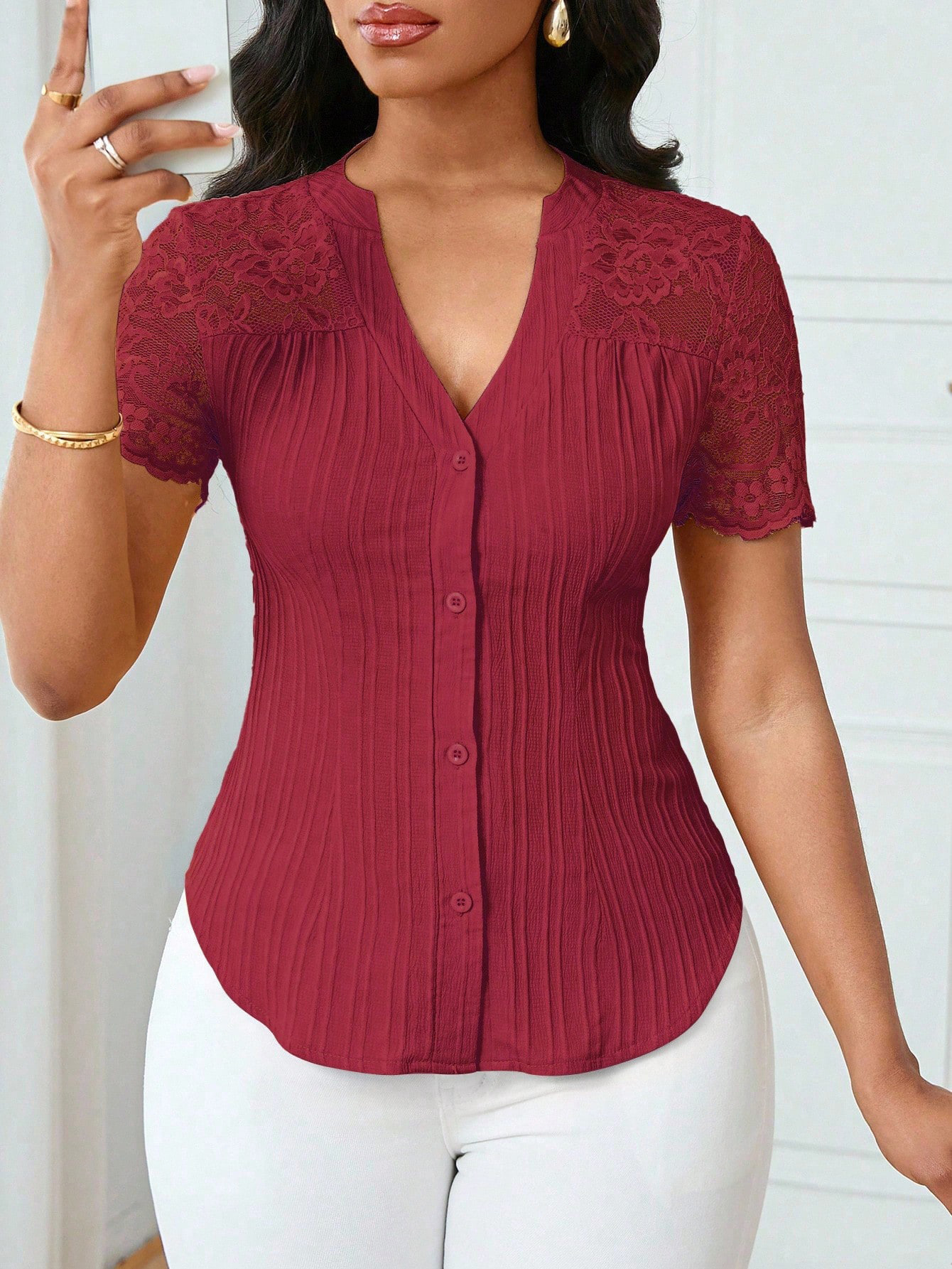 Women's Single-Breasted Embroidered Cutout Short-Sleeve Top