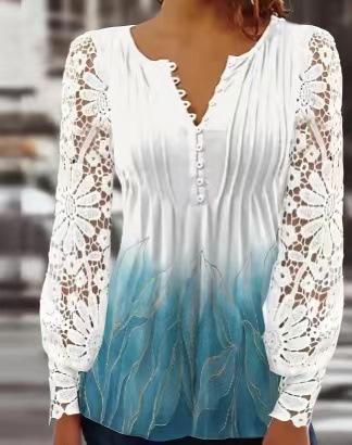 Women's Lace Trim Pleated Solid Button T-Shirt