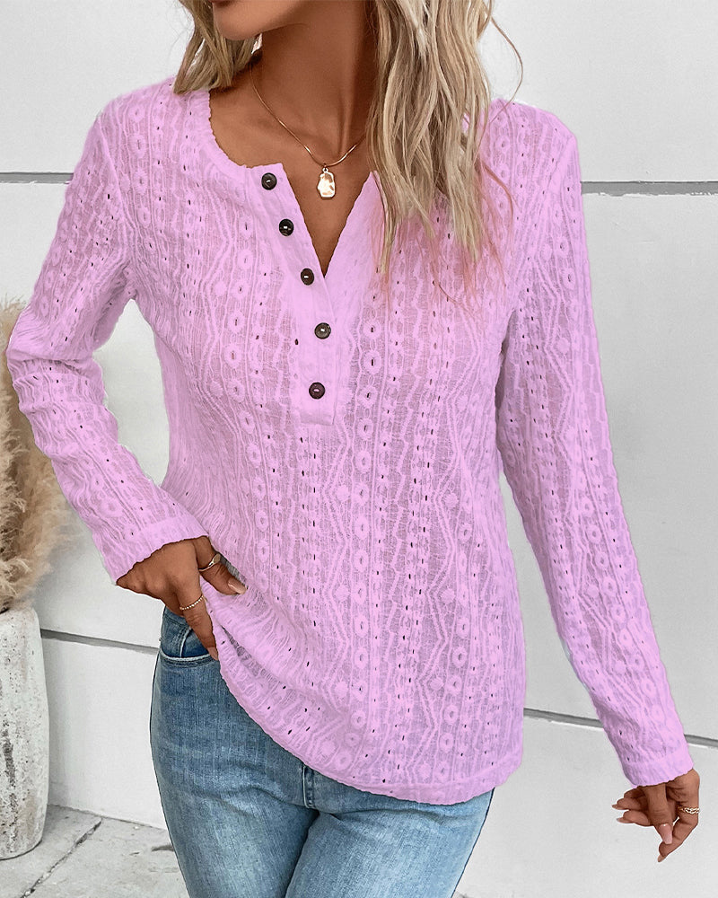 Women's Casual V-Neck Cutout Long-Sleeve Top