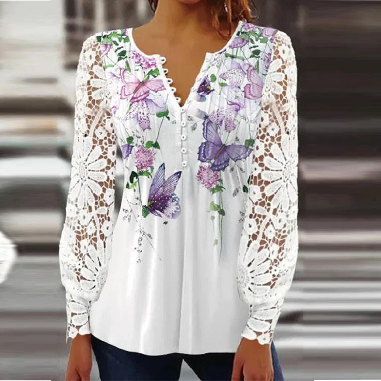 Women's Lace Trim Pleated Solid Button T-Shirt