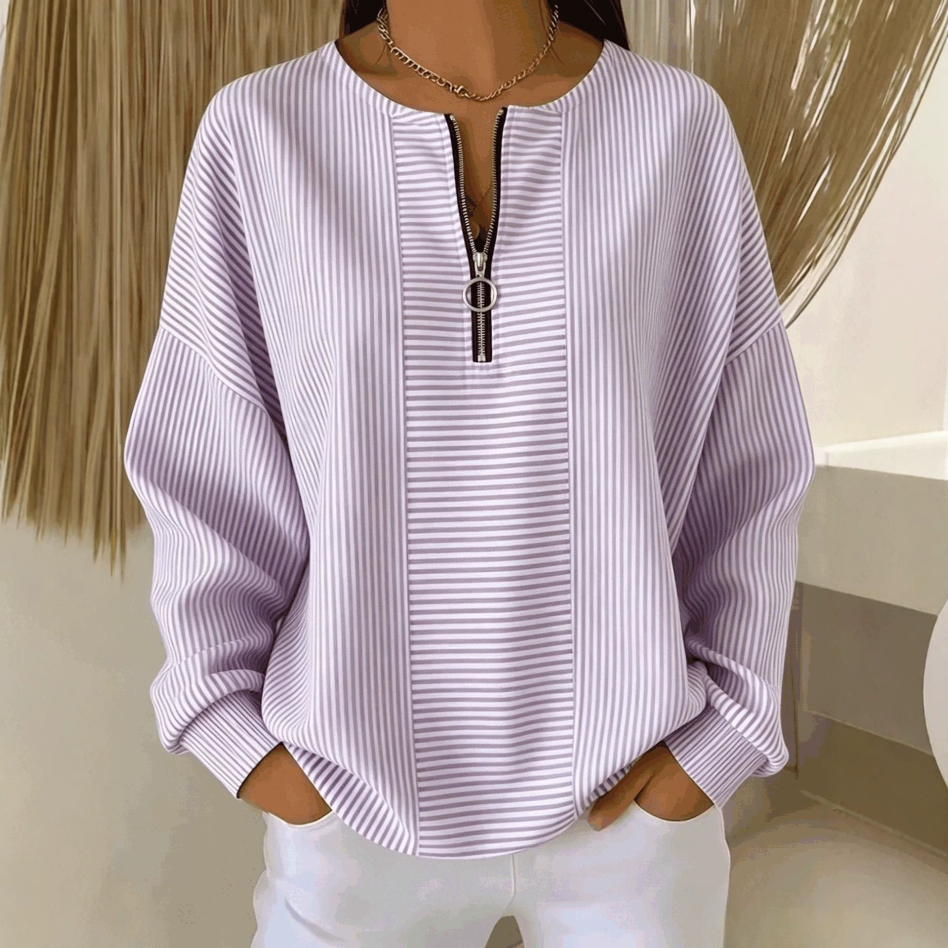 Striped Zip-Up Long-Sleeve Loose Drop-Shoulder Crewneck T-Shirt for Women