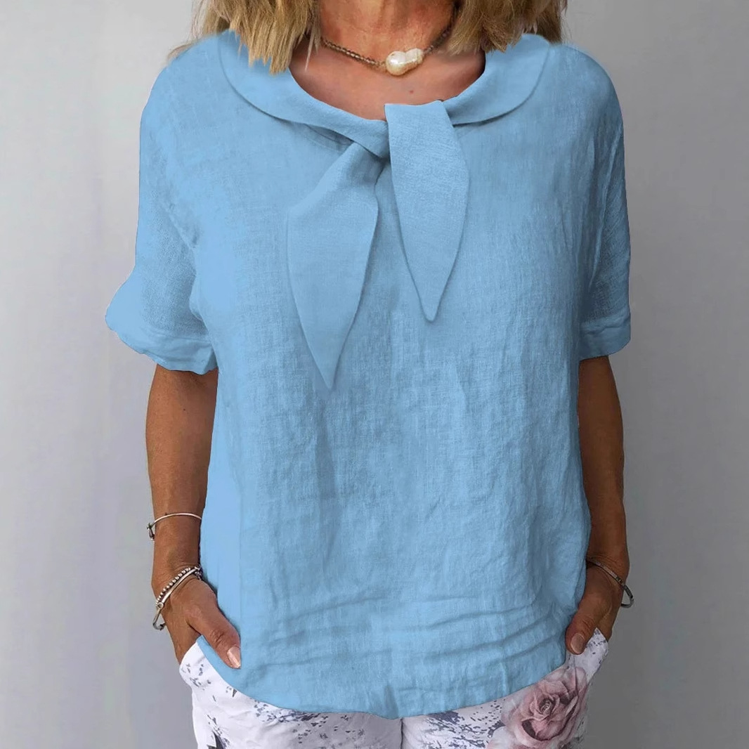 Women's Cotton-Linen Blend Short Sleeve V-Neck Solid Top