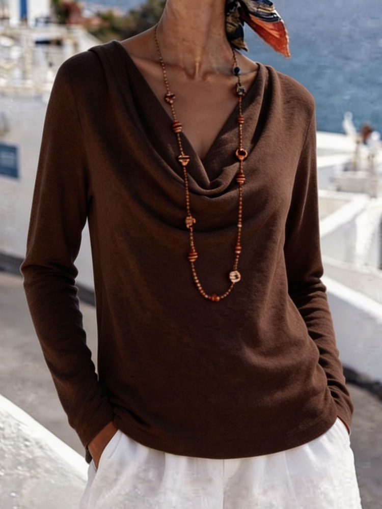 Women's Casual Loose Solid Color Cowl Neck Long Sleeve Pullover Top