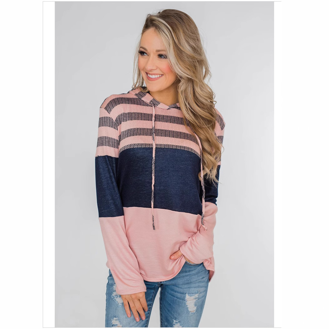 Women's Loose Fit Color Block Hooded Pullover Sweatshirt Long Sleeve