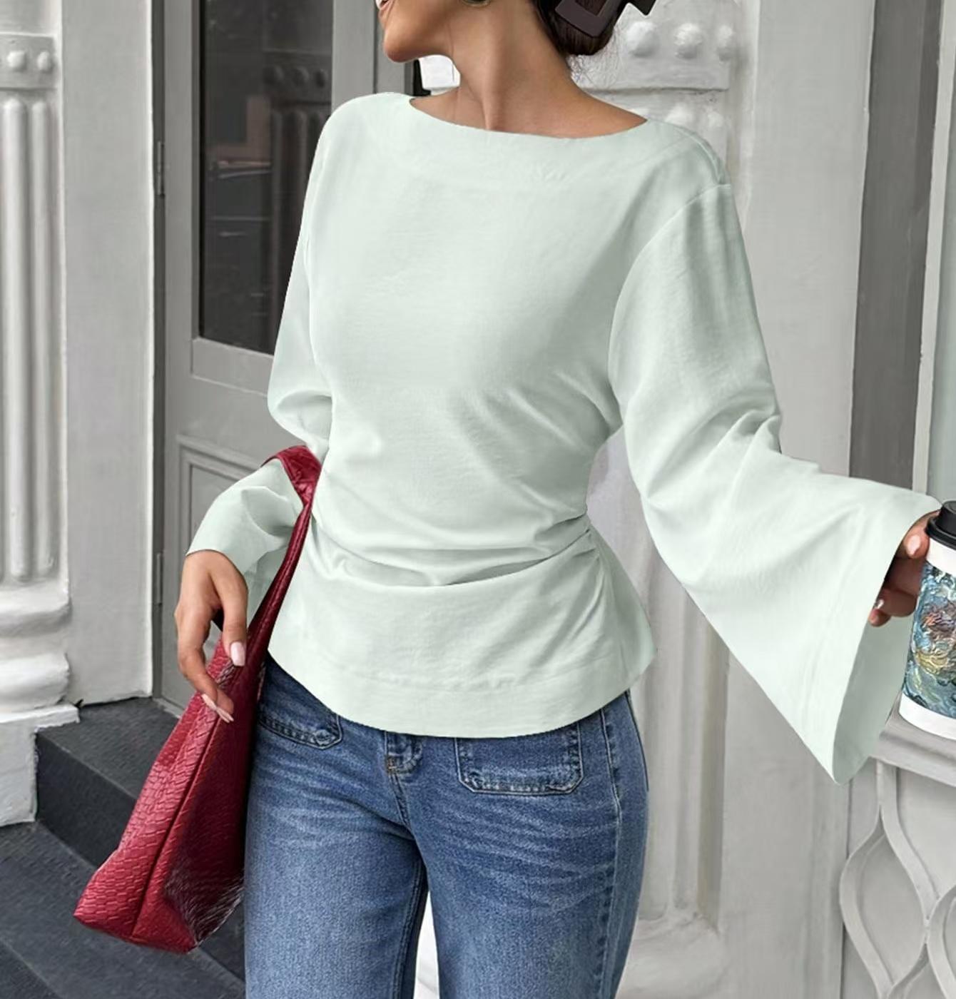 Solid Color Boat Neck Flared Sleeve Cinched Waist Long Sleeve Top