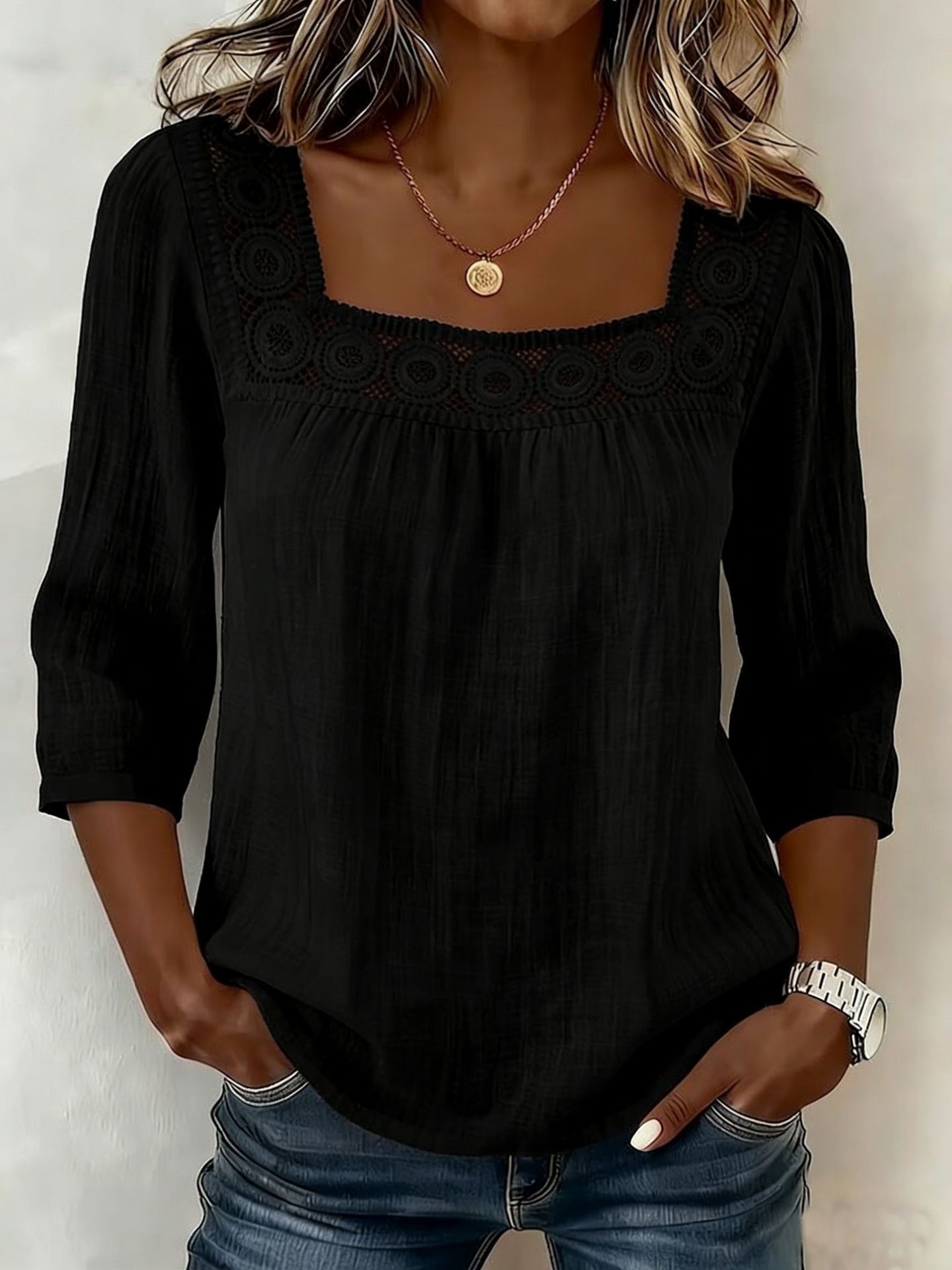 Women's Summer Square Neck Lace Trim 3/4 Sleeve Cotton Linen Top