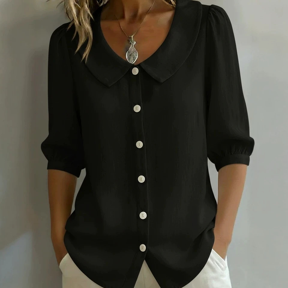 Women's Linen-Blend V-Neck Short-Sleeve Shirt Loose Casual Commuter Top