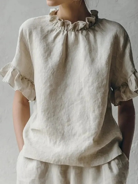 French Vintage Ruffle Ruched Crew Neck Cotton Linen Short Sleeve Top