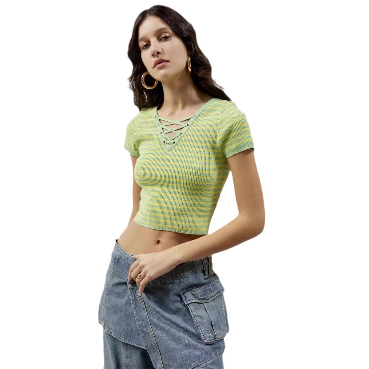 Striped Short Sleeve Tie-Front Crop Top