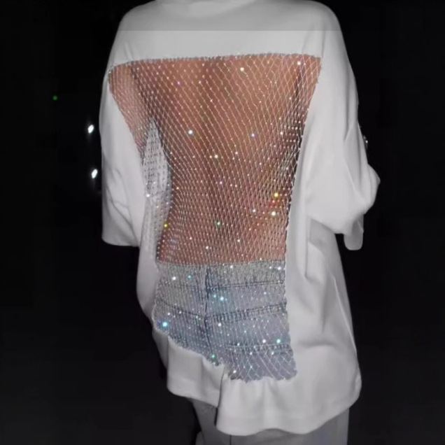 Women's Solid Crewneck Long Sleeve Loose Open Back Mesh Top