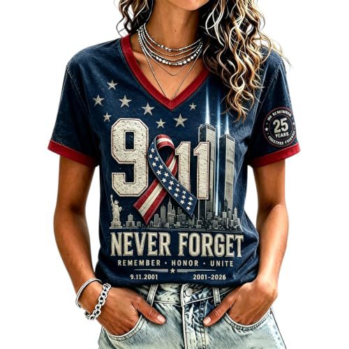 Twin Towers Anniversary Print V-Neck Short Sleeve Women's T-Shirt