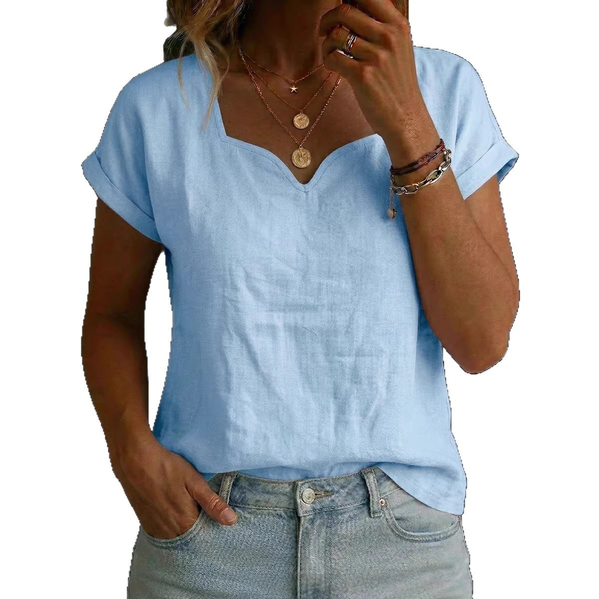 Women's Solid Short-Sleeve Sweetheart Neck T-Shirt
