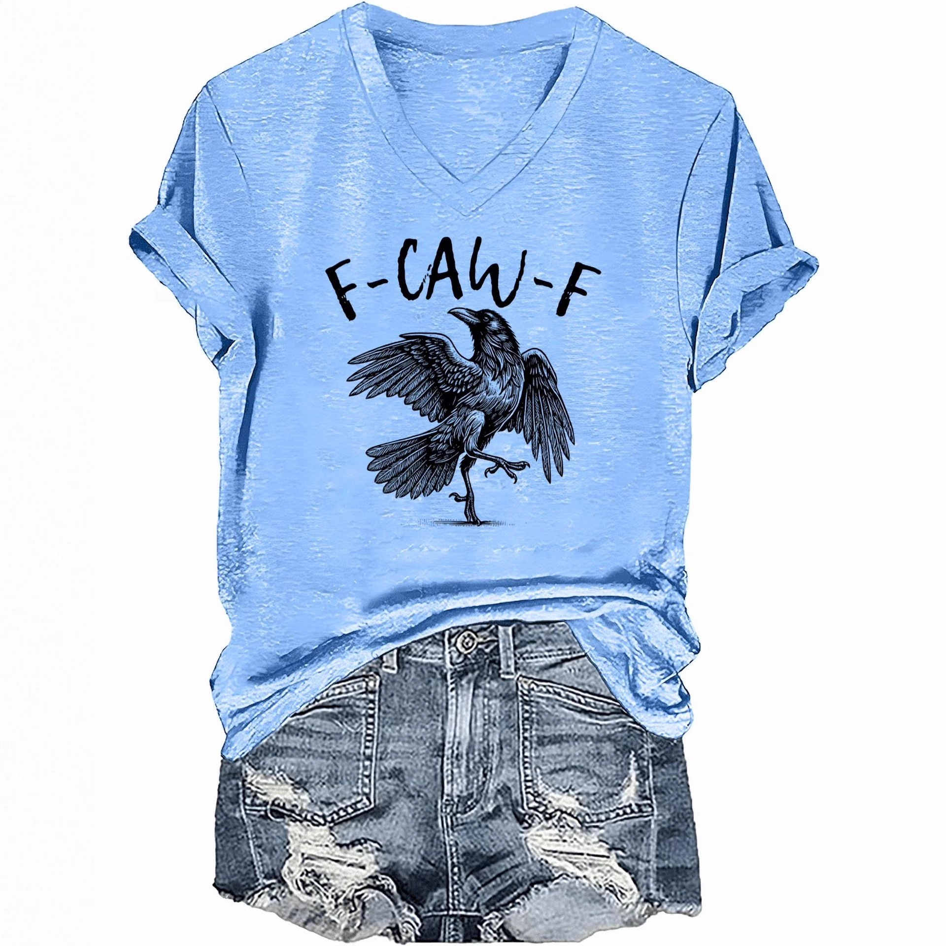 Flying Raven Graphic V-Neck Short Sleeve T-Shirt for Women