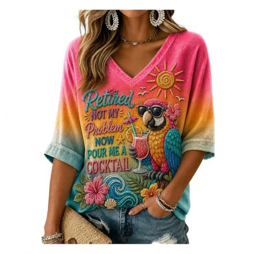 Women's Summer V-Neck Half-Sleeve Printed T-Shirt