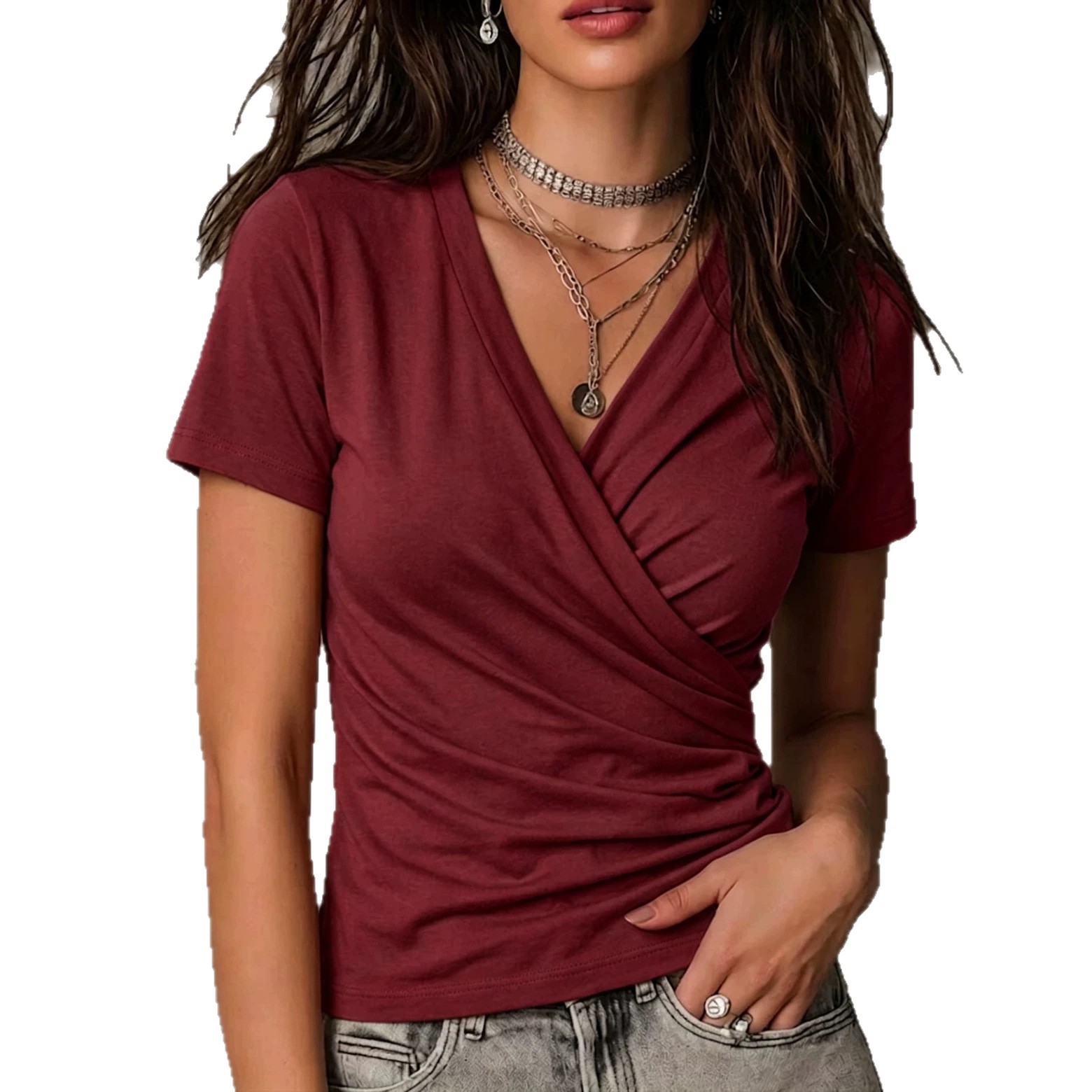 Women's Cross V-Neck Ruched Short Sleeve T-Shirt