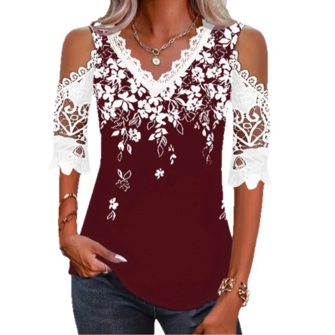 Elegant Lace Off-Shoulder Floral Print Short-Sleeve T-Shirt