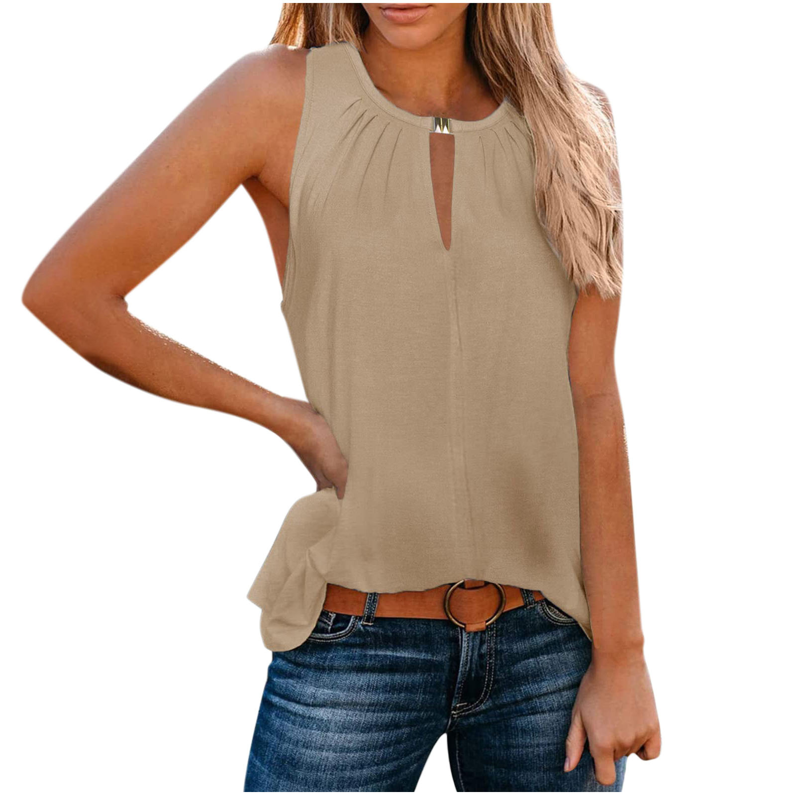 Women's V-Neck Solid Color Tank Top with Buckle Detail