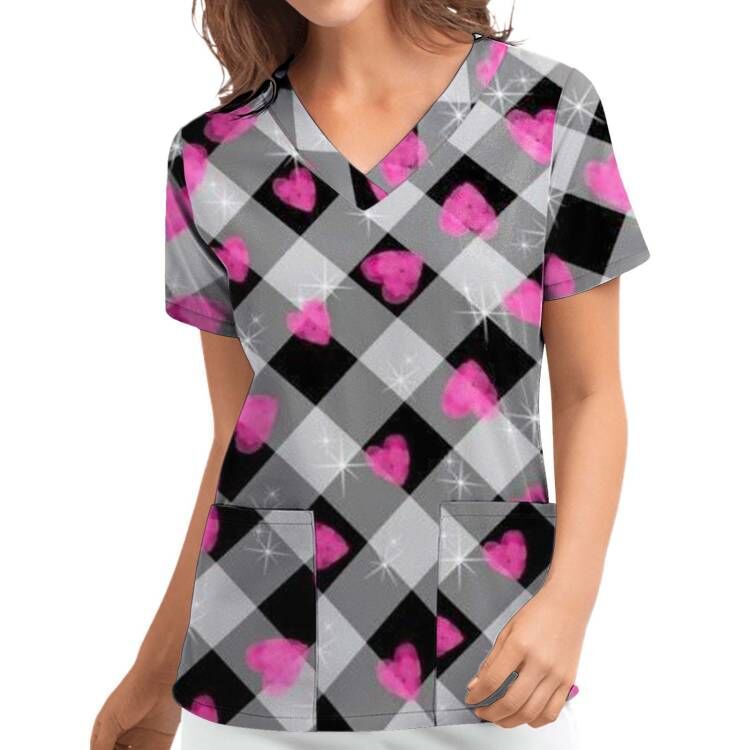 Digital Print Heart Short Sleeve Scrub Top V-Neck Loose Fit