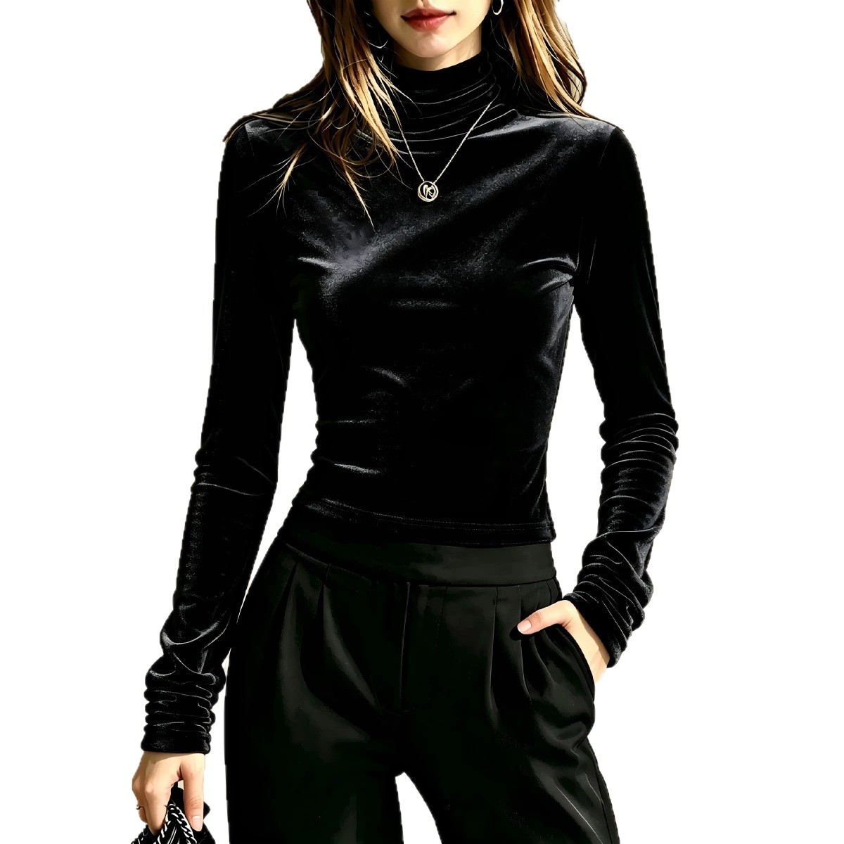 Solid Velvet High Neck Long Sleeve T-Shirt