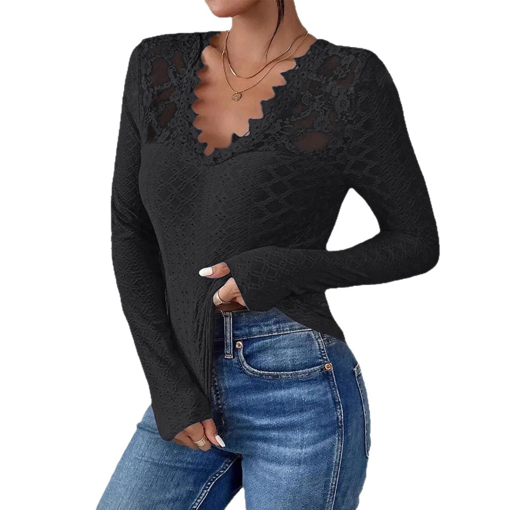 Women's V-Neck Lace Panel Long-Sleeve Top