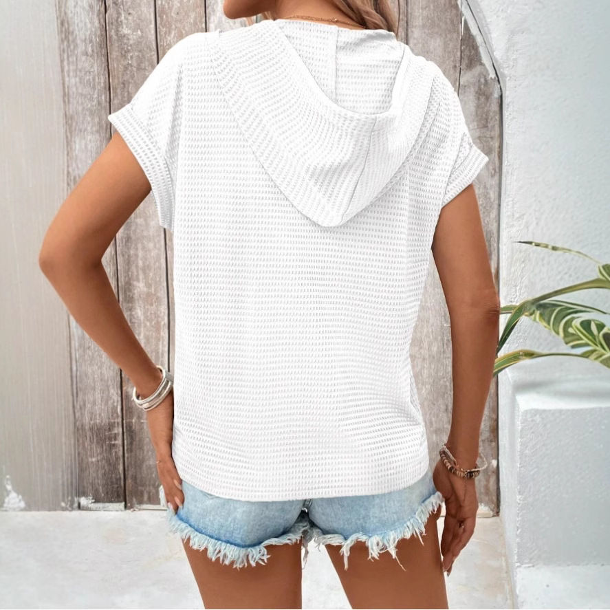 Women's Casual Hooded Short Sleeve T-Shirt with Buttons
