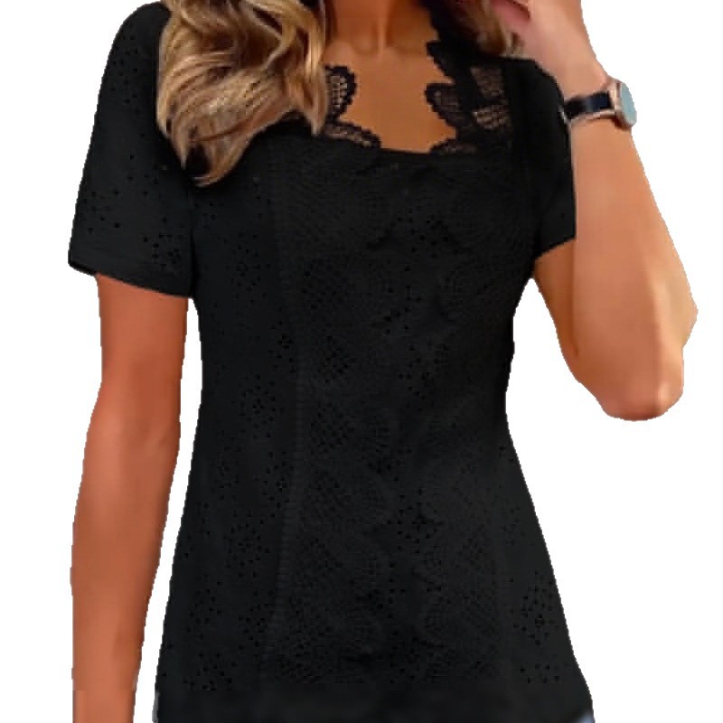Women's Hollow-Out Lace Collar Short Sleeve Solid T-Shirt