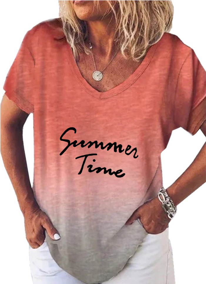Gradient Print V-Neck Short Sleeve T-Shirt