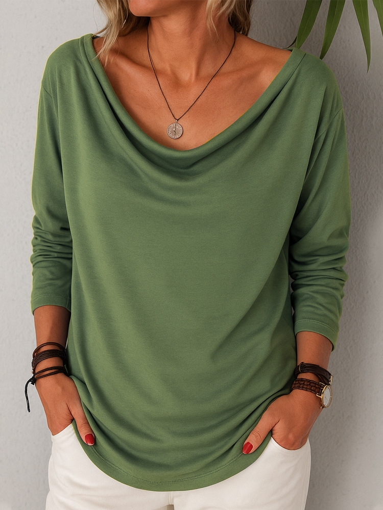 Women's Casual Loose Long Sleeve Solid Color Cowl Neck Pullover T-Shirt