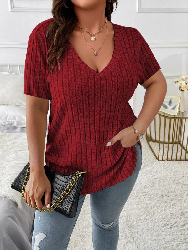Women's Plus Size Ribbed V-Neck Short Sleeve Top