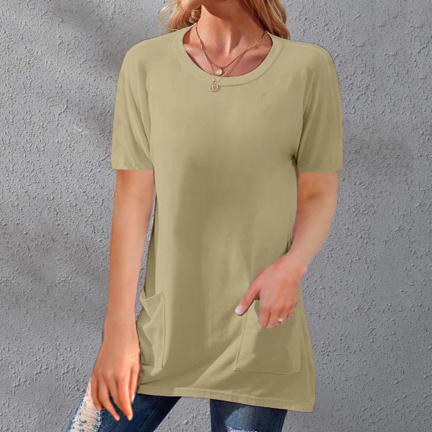 Women's Loose Fit Crewneck Short Sleeve Pocket Solid Midi T-Shirt