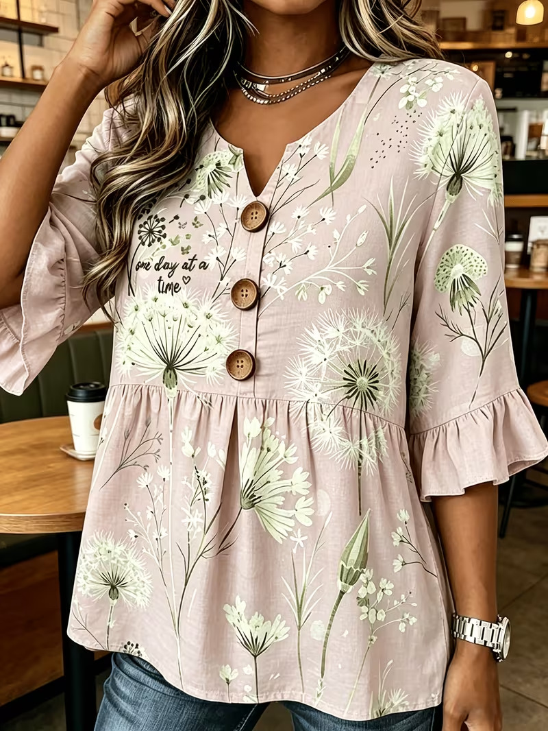 Women's Summer Floral Print Rolled Sleeve Button Top