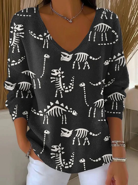 Dinosaur Floral Plaid V-Neck Long-Sleeve T-Shirt